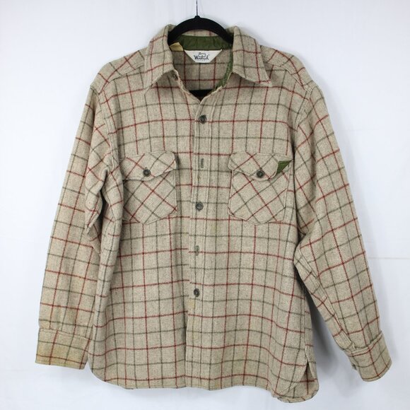 Woolrich Woolen Vintage Beige Plaid w/Green & Rust Button Lumberjack Shirt SZ XL - Picture 1 of 5
